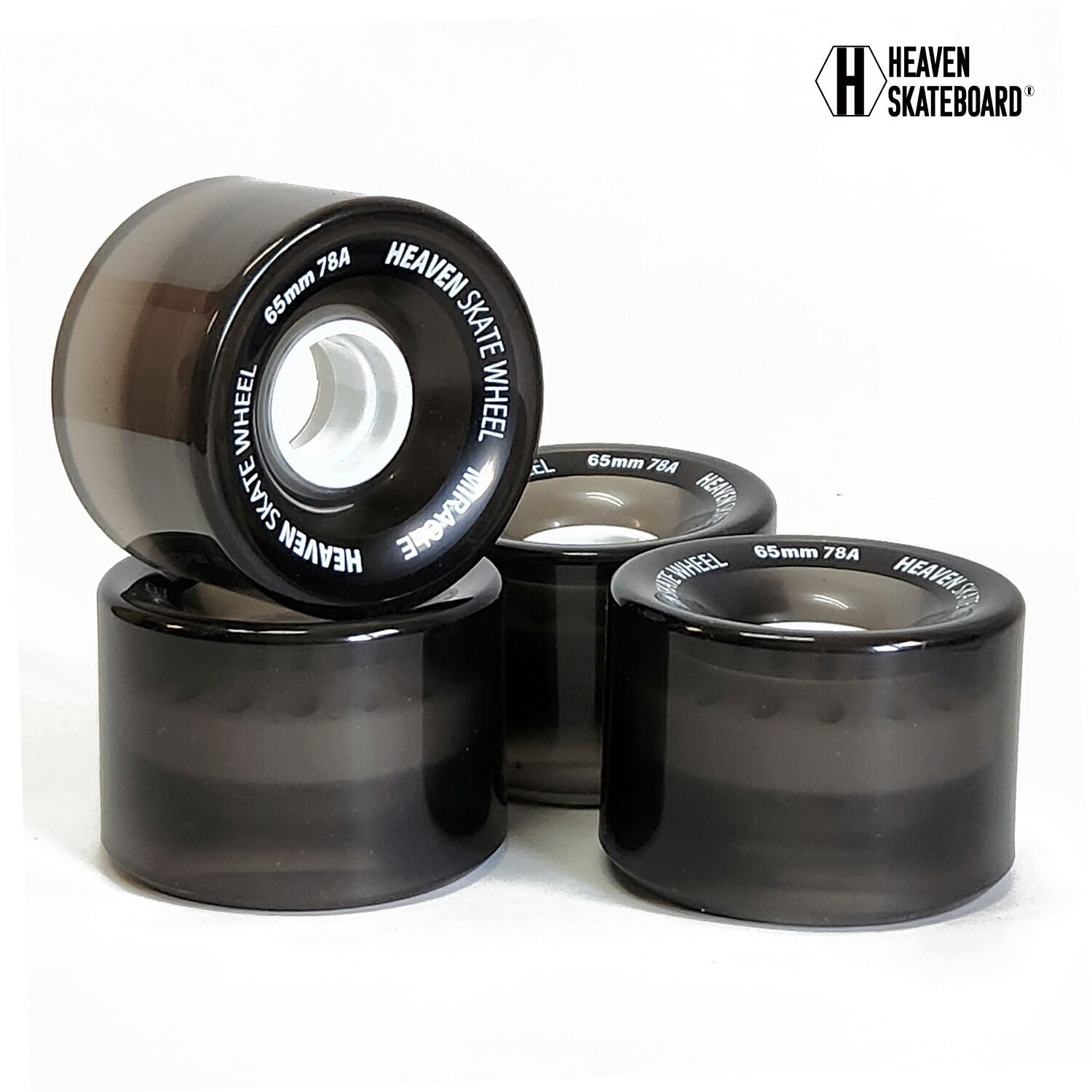 <br> HEAVEN SKATEBOARD WHEEL MIRACLE<br> Heaven Skateboard Wheels Miracle<br> 65×46mm 78A<br> Long skate wheels, clear black, 78A<br> 1 set (4 pieces)<br> Surf skate wheels Cruiser wheels Long skate wheels <br>