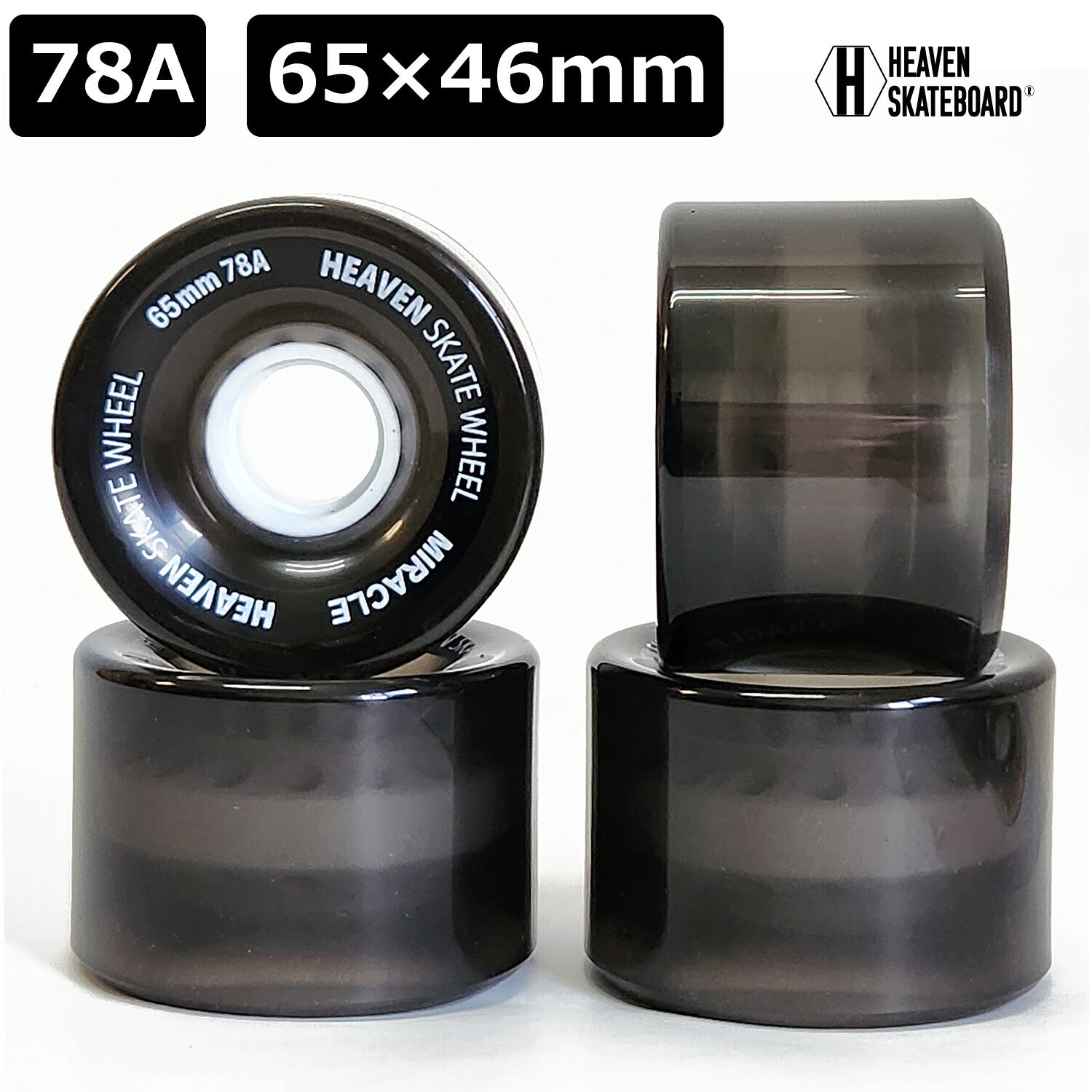 <br> HEAVEN SKATEBOARD WHEEL MIRACLE<br> Heaven Skateboard Wheels Miracle<br> 65×46mm 78A<br> Long skate wheels, clear black, 78A<br> 1 set (4 pieces)<br> Surf skate wheels Cruiser wheels Long skate wheels <br>