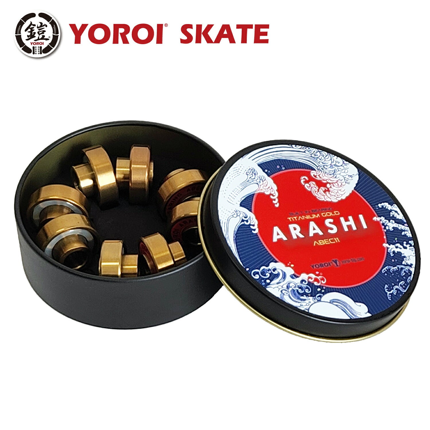 スケボー用ベアリング ビルトインベアリング YOROI SKATE BEARING ARASHI ヨロイ スケート ベアリング アラシ BUITL-IN-BEARING TITAN GOLD ABEC-11 ビルトインベアリング チタンゴールド 1台分 8個セット スケート スケボー sk8 SKATEBOARD 高速回転 スケートボード