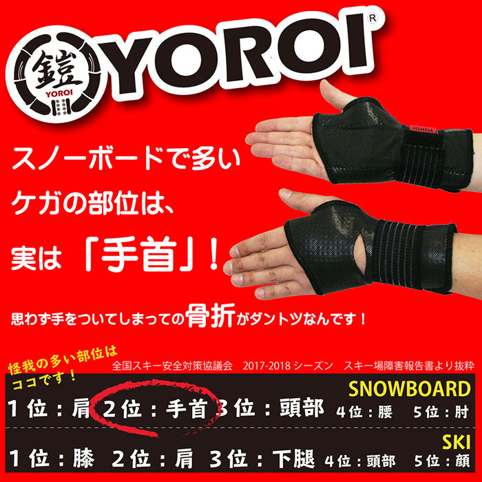 ジュニア用リストプロテクター 子供用手首サポーター キッズスノーボード用手首プロテクター スケートボード用スケボー用 ヨロイリストガードエアリー 伸縮素材 YOROI POWER WRIST GUARD 快適通気性リストバー内蔵 鎧YR881A
