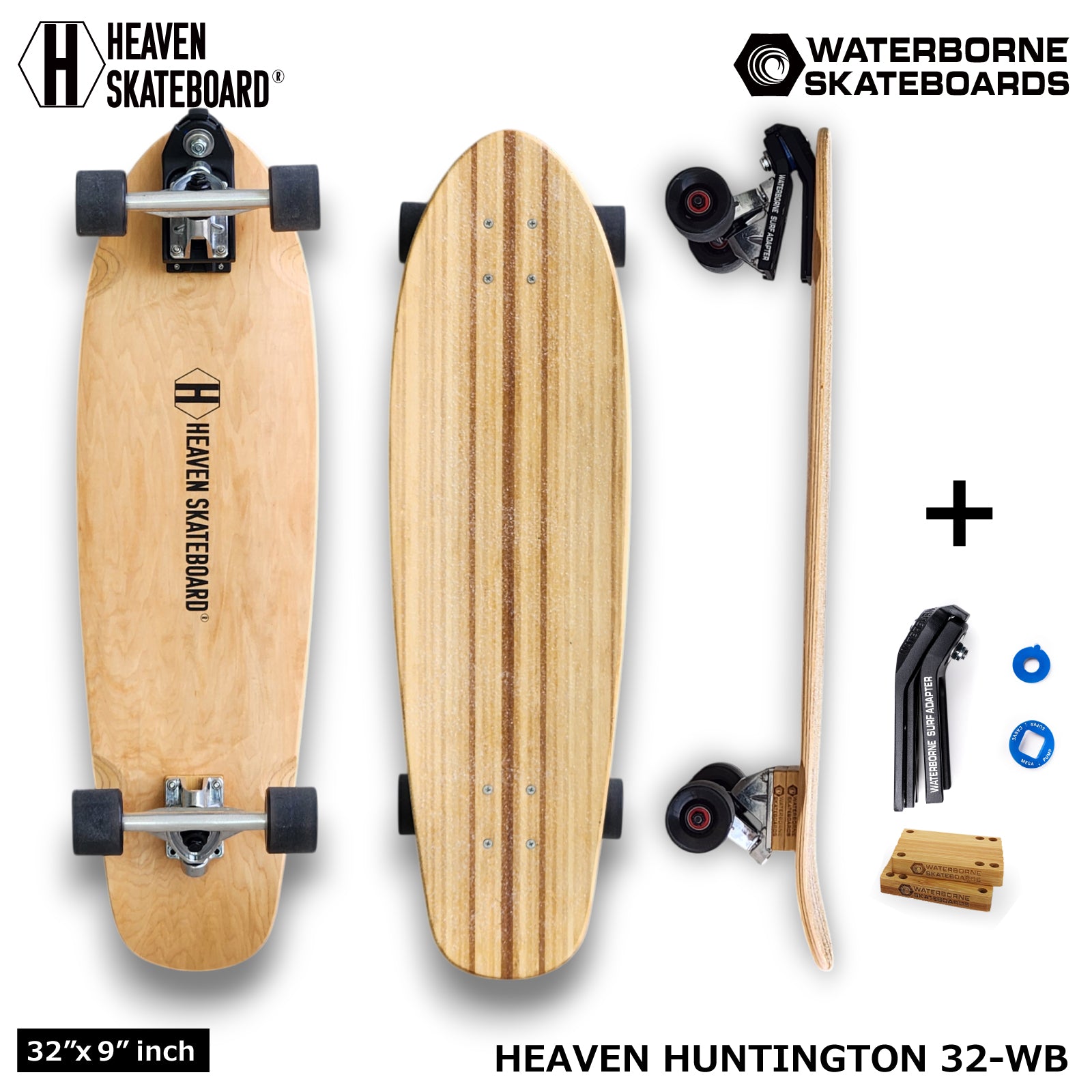 HEAVEN SKATEBOARD ハンティントン32-WB ウォーターボーンコラボ ロングスケートボード サーフスケート クルーザー 楽しいスノボオフトレ スノーボード サーフィン練習用 カービング バックサイドターン フロントサイドターン 初心者から上級者まで オシャレな街乗り数量限定