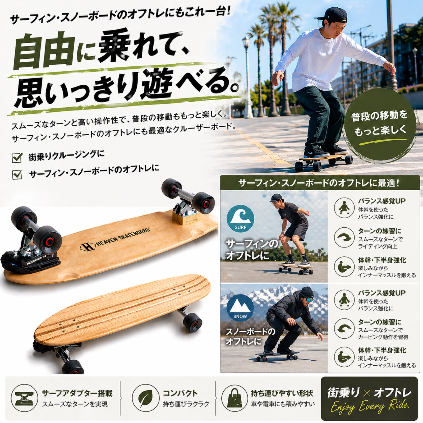 HEAVEN SKATEBOARD ハンティントン32-WB ウォーターボーンコラボ ロングスケートボード サーフスケート クルーザー 楽しいスノボオフトレ スノーボード サーフィン練習用 カービング バックサイドターン フロントサイドターン 初心者から上級者まで オシャレな街乗り数量限定