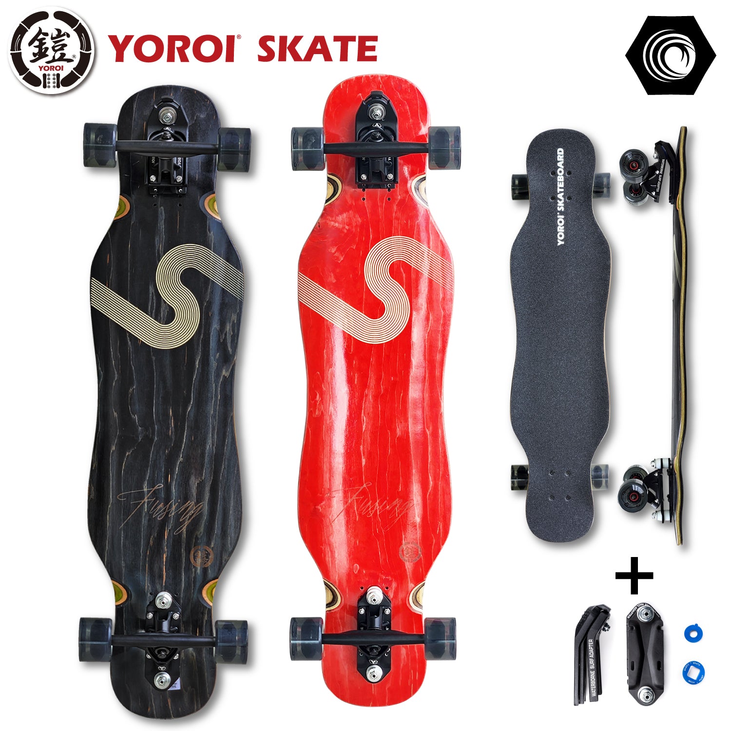 ロングスケートボード ロンスケ<br>YOROI SKATEBOARD FUSING 41LP-WB<br>41ｲﾝﾁ約104.1ｘ25.4センチ<br>ヨロイスケートボードフージン フウジン41 風神ブラック レッド<br>WATERBORNE ウォーターボーンフィンシステム<br>スノボ サーフィン オフトレ <br>コンプリート完成品